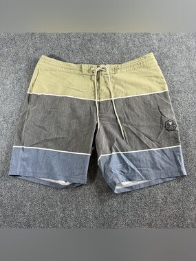 Vissla Swim Trunks Mens 36 Green Gray Swim Board Shorts Pockets Drawstring